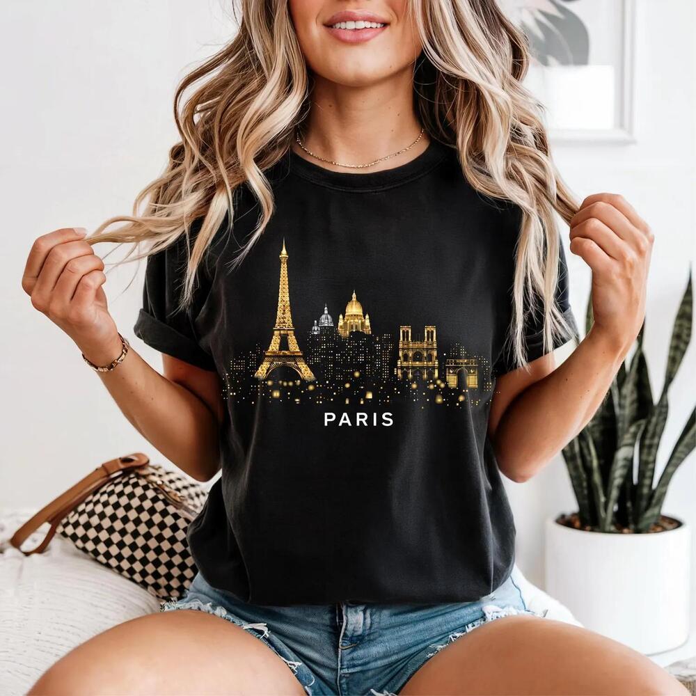 Paris Landmarks Skyline T Shirt Eiffel Tower, Notre Dame, Arc De Triomphe